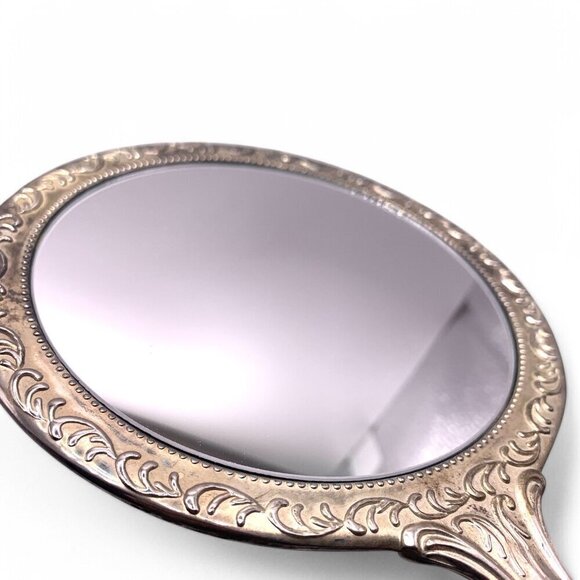 Antique Ornate Silver Handheld Vanity Mirror With Floral Engraving Etched Handle - Picture 5 of 11